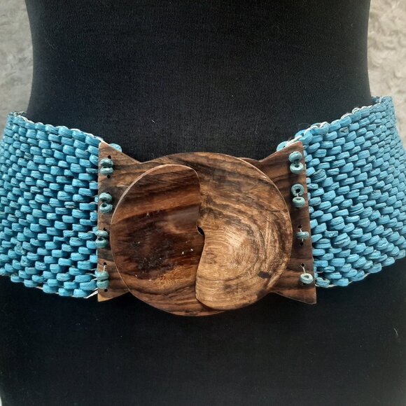 Vintage Boho Turquoise Blue Soft Surroundings Stretch Wooden Beaded Belt - Picture 3 of 7